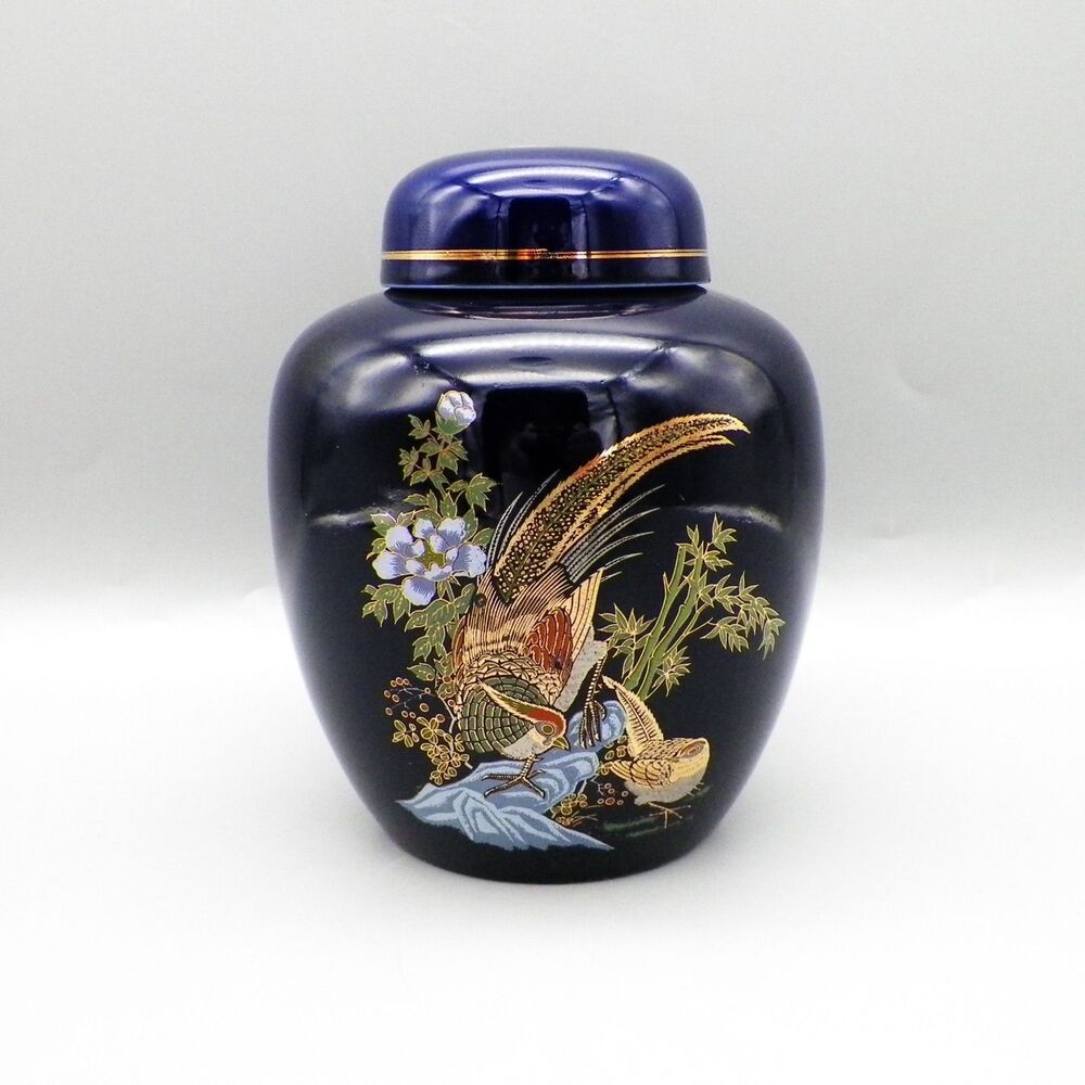 Cobalt Blue Pheasant Ginger Jar Vase with Lid Vintage